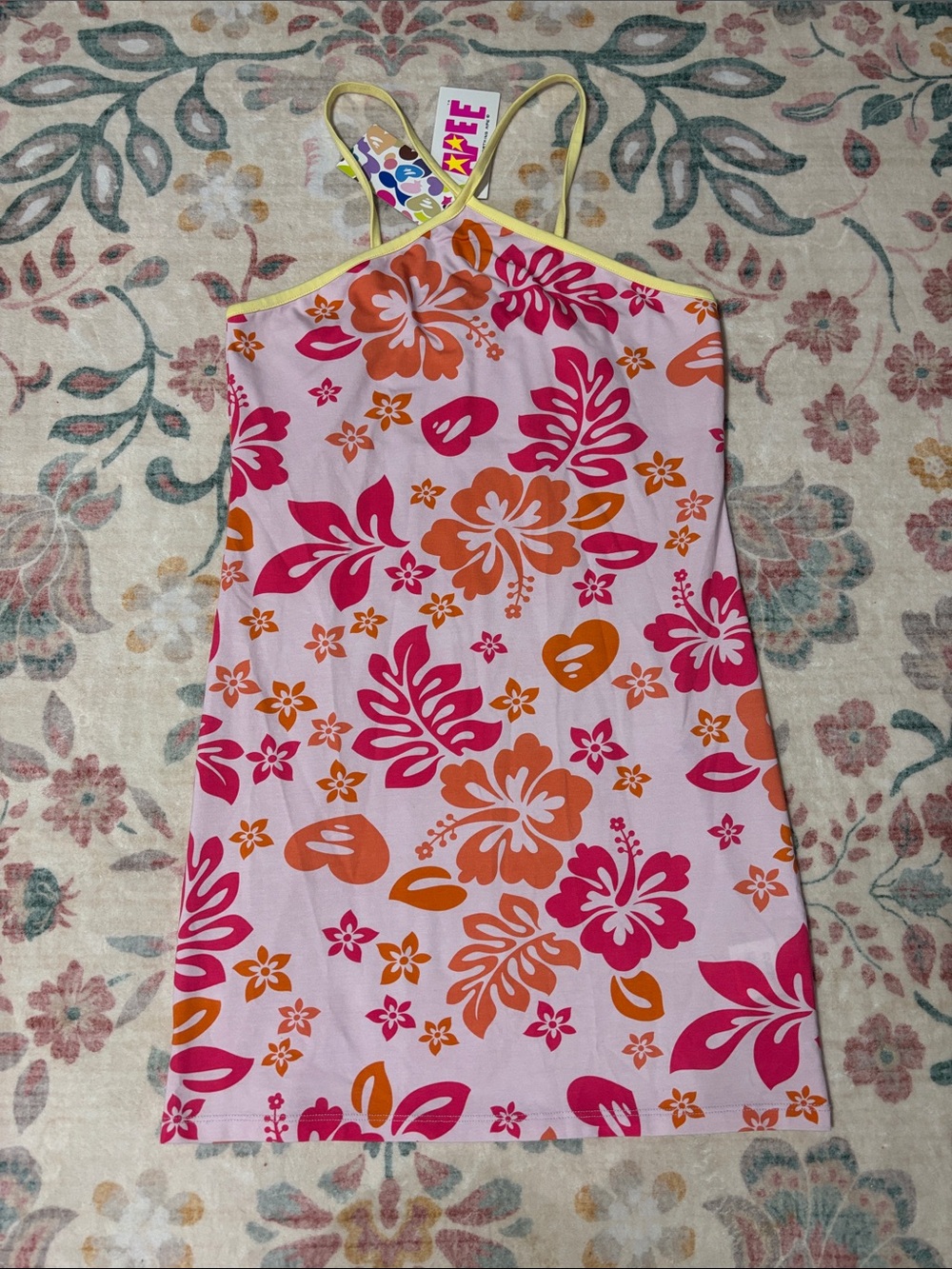 A Bathing Ape APEE Tropical Floral Pink & Orange Mini Dress with Yellow Trim